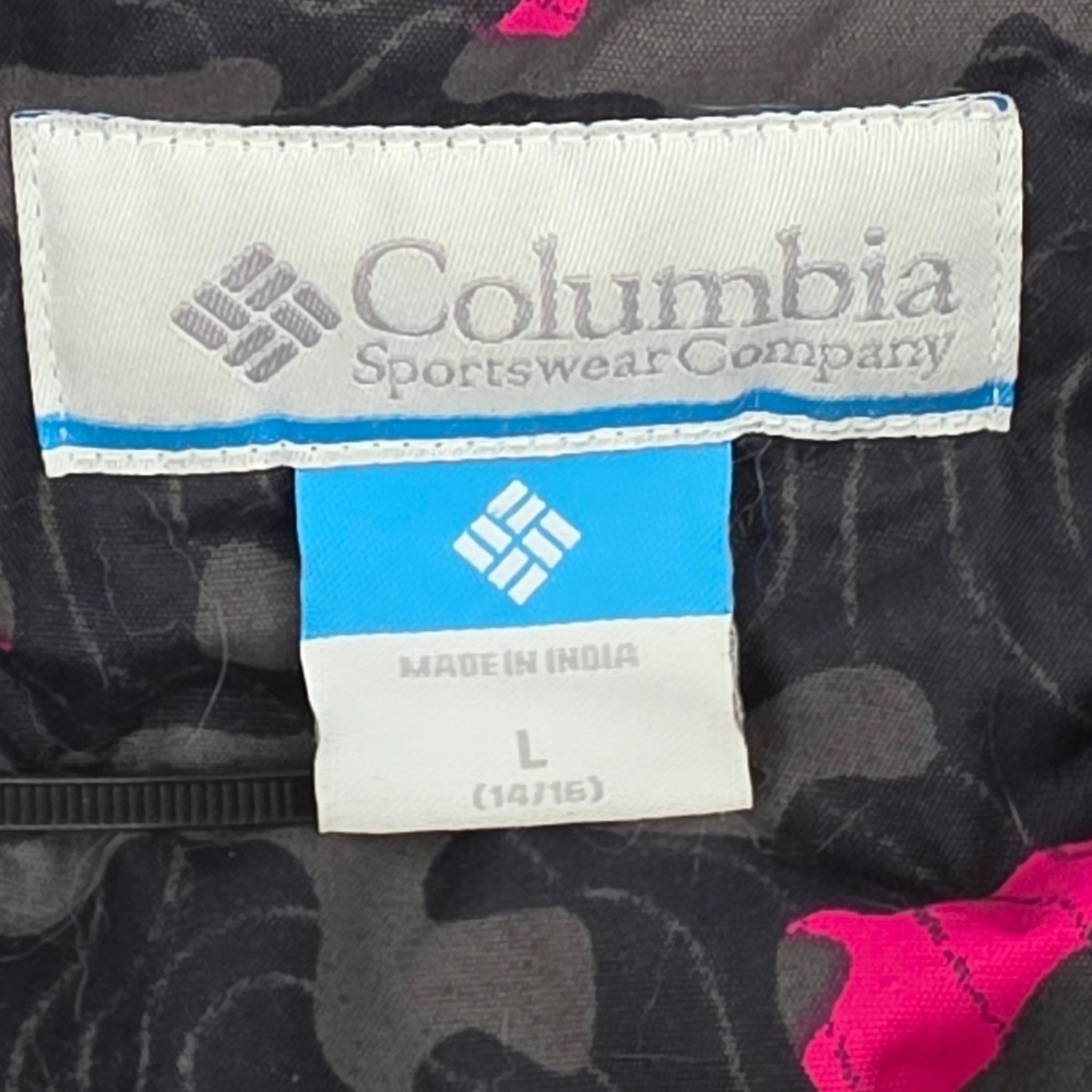 Columbia Pink Grey Camo Hooded Puffer Jacket Pockets Youth Kids Large 14/16 - Picture 2 of 12